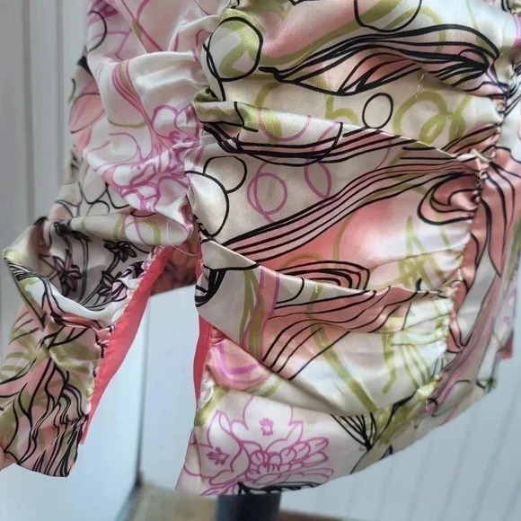 Donna Rae Satin Shiny Pink Green Day Stretch Dress Rutched Short Puff Sleeves 6 - Picture 13 of 15